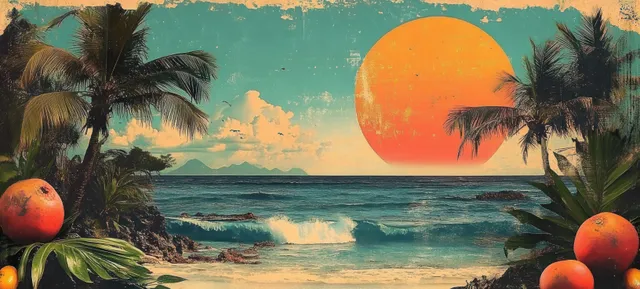 Palm trees and a glowing orange sun over a blurred ocean with citrus fruits along a sandy beach foreground.