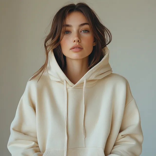 Young woman in a beige oversized hoodie posing in a centered portrait with soft lighting on a neutral background.