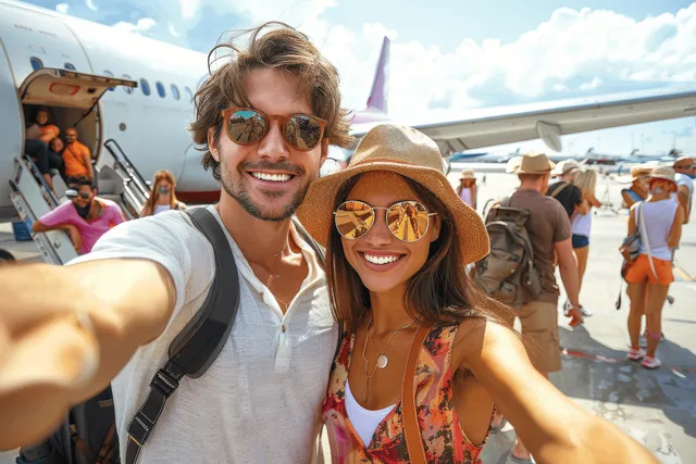 Family taking selfies at an airport gate beside a parked airplane while travelers walk in the background.