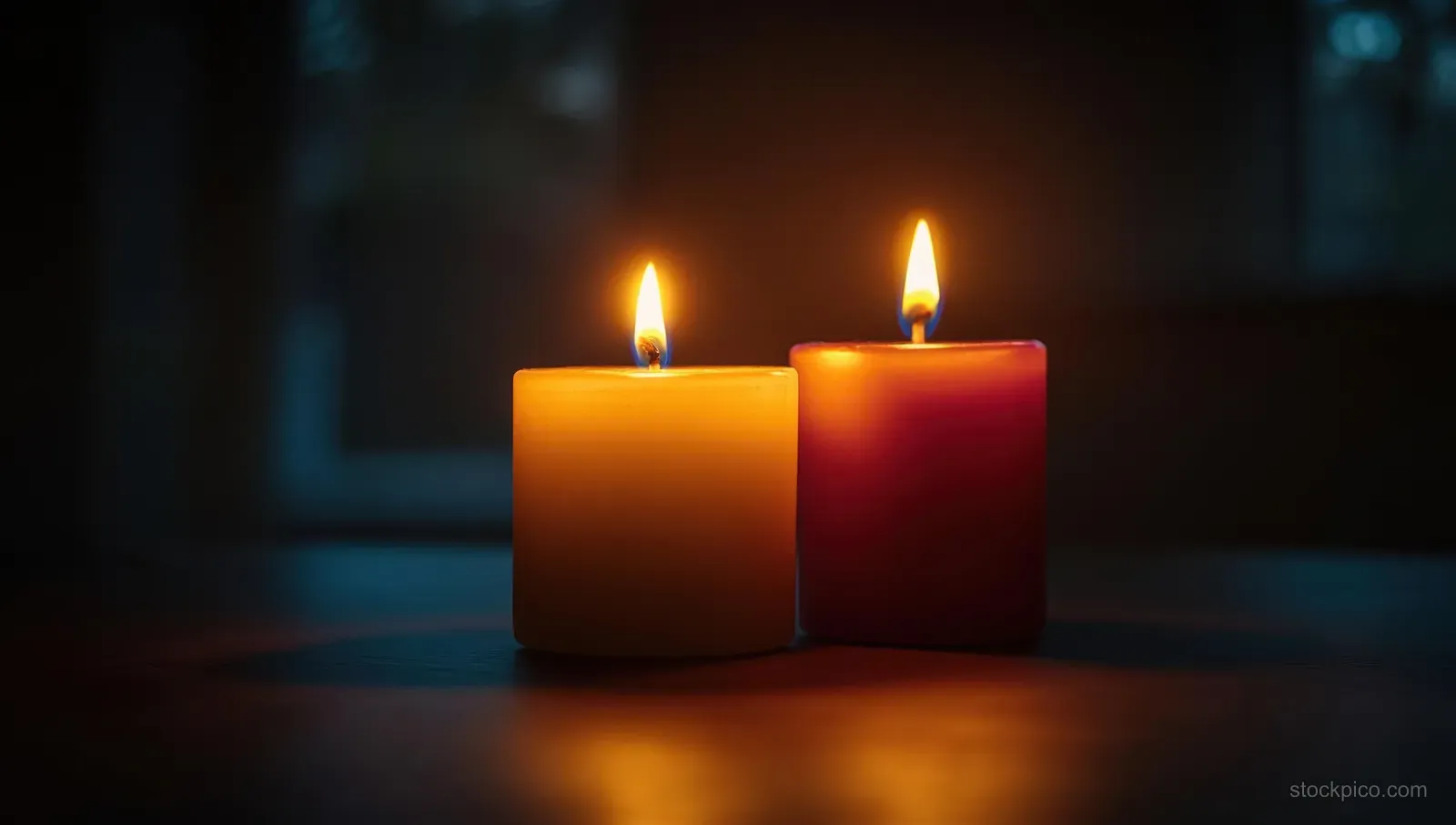 Two lit candles on a wooden table glow with orange flames in a dark, softly blurred room.