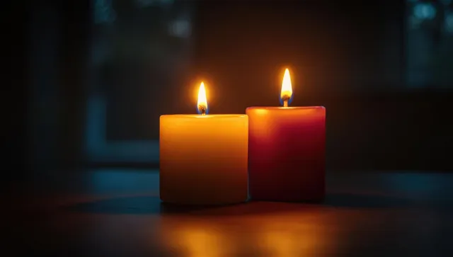 Two lit candles on a wooden table glow with orange flames in a dark, softly blurred room.
