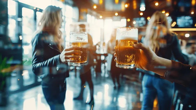 Friends clink two beer pints in a pub while warm bar lights blur behind them.