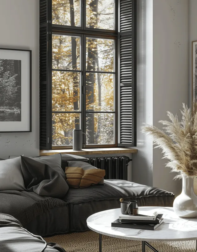 Grey sofa and marble coffee table in a modern living room with framed wall art and black shuttered windows.