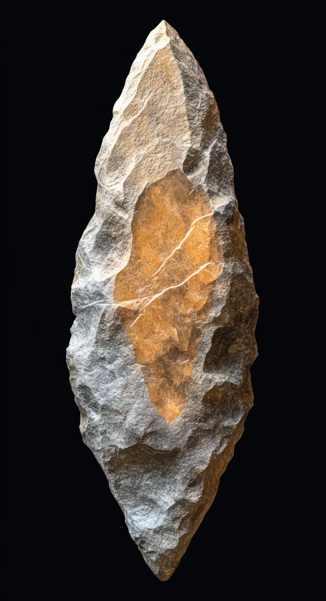 Ancient stone hand axe with sharp flaked edges and pointed tip isolated on a dark black background.