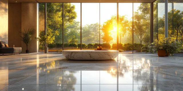 Sunlit office lounge with marble floor, indoor plants, and floor-to-ceiling windows at sunrise