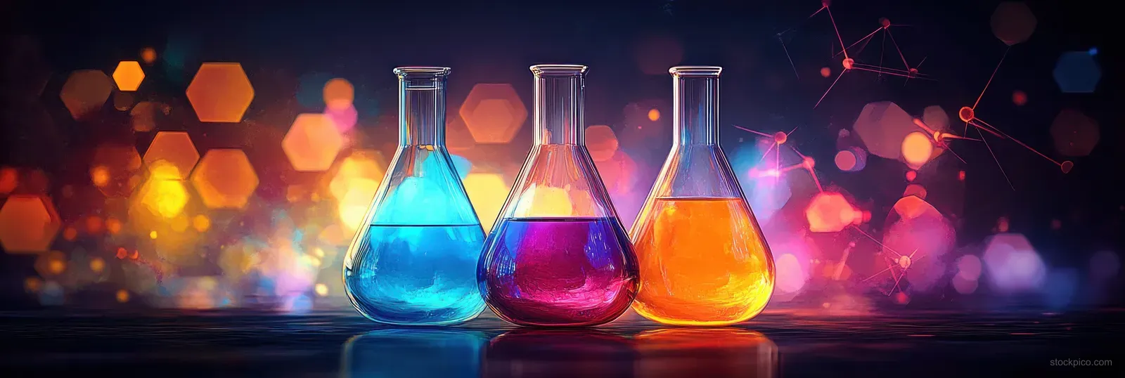 Three glass flasks filled with blue, purple, and orange glowing liquids on a dark surface with molecular bokeh behind.