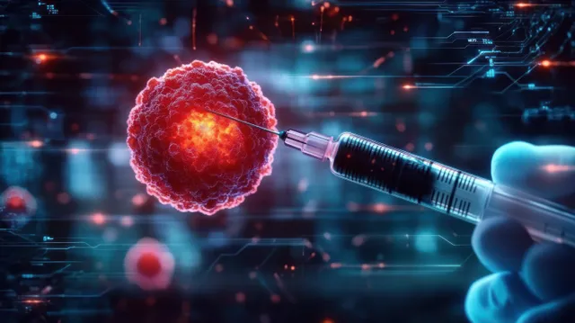 Gloved hand holding syringe as glowing red virus particle injects in futuristic lab overlay