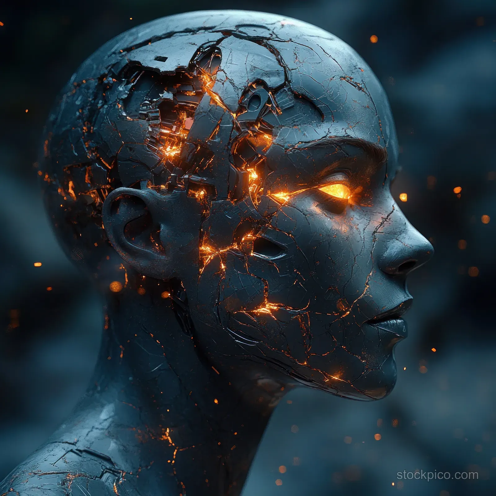 Side profile of a cracked metallic humanoid head emitting orange light and sparks against a dark futuristic background.