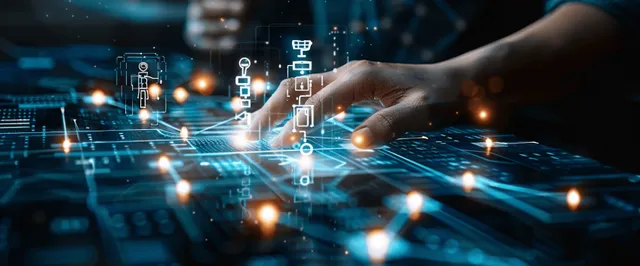 A hand gestures over an AI-style dashboard with glowing data network links in a business setting.