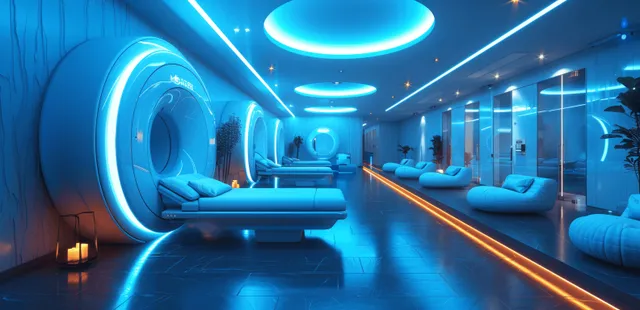Futuristic MRI scanner tunnel in blue-lit hospital room with holographic patient data interface