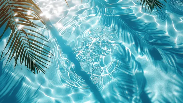 Aerial view of sunlit swimming pool water with palm leaf shadows and ripples