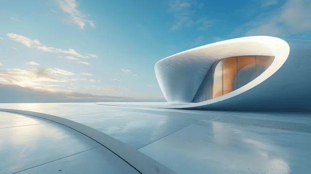 Curved modern white building exterior with concrete floor, blue sky, sweeping architectural geometry