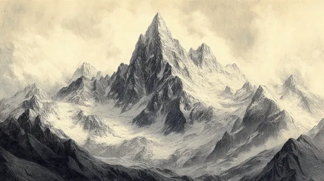 A detailed monochrome illustration showcases a towering mountain range beneath a dramatic, cloudy sky.