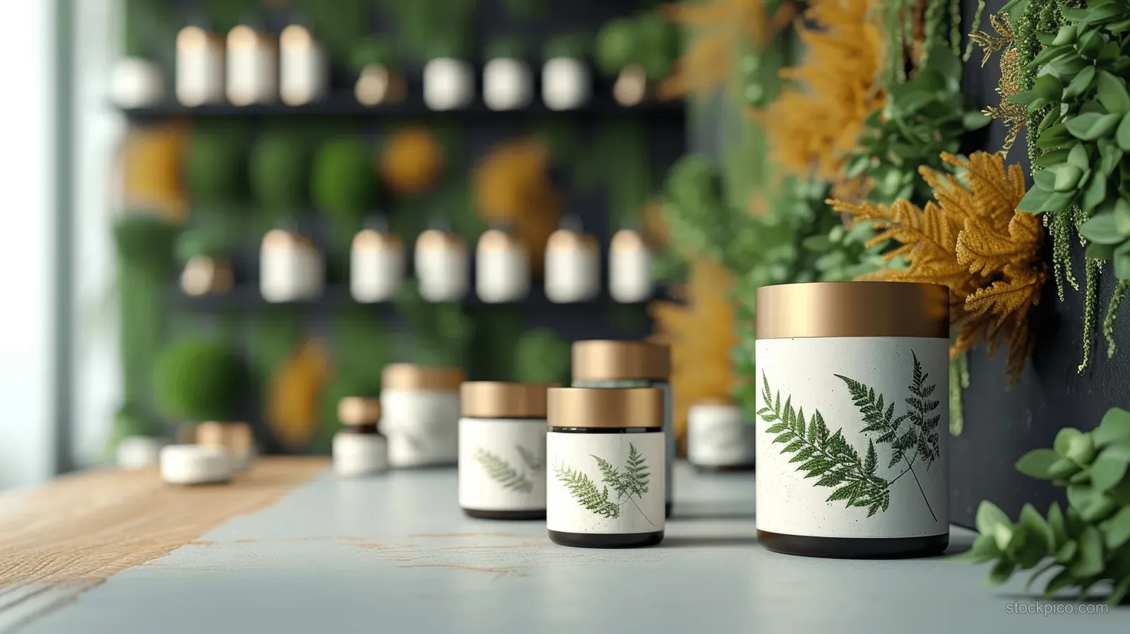 Herbal skincare jars lined up on a wooden counter beside green plants in a bright minimalist room.