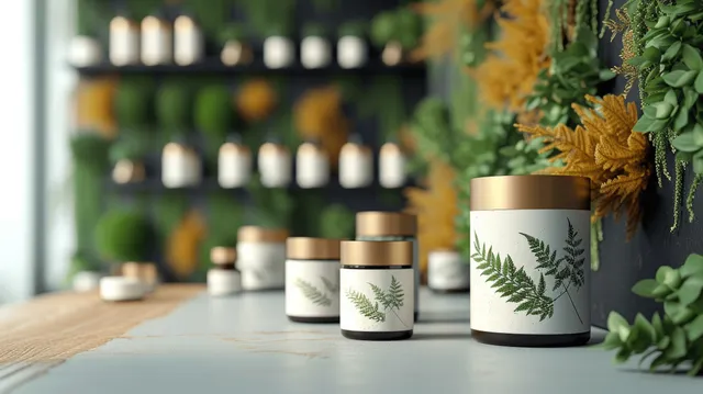 Herbal skincare jars lined up on a wooden counter beside green plants in a bright minimalist room.