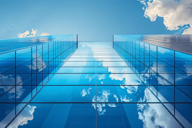 Skyscraper glass facade reflecting blue sky and clouds in a symmetric low-angle view