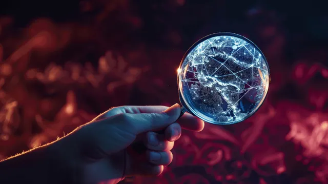 A hand holds a magnifying glass in front of a glowing red fire-themed background.