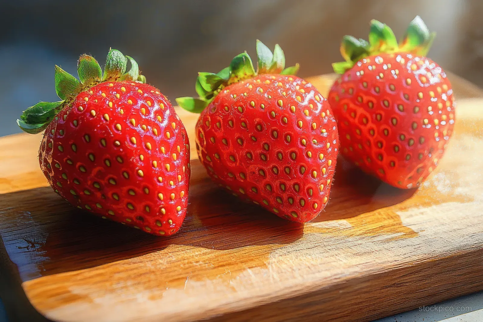 Three ripe strawberries with green leaves sit on a wooden cutting board under warm natural sunlight.