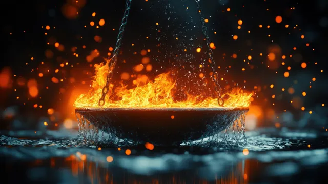 Suspended metal bowl ignites with flames while water splashes and droplets sparkle