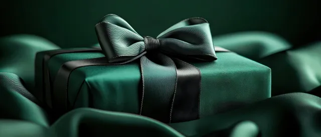 Green gift box wrapped in satin fabric with a matching bow under soft shadowed light