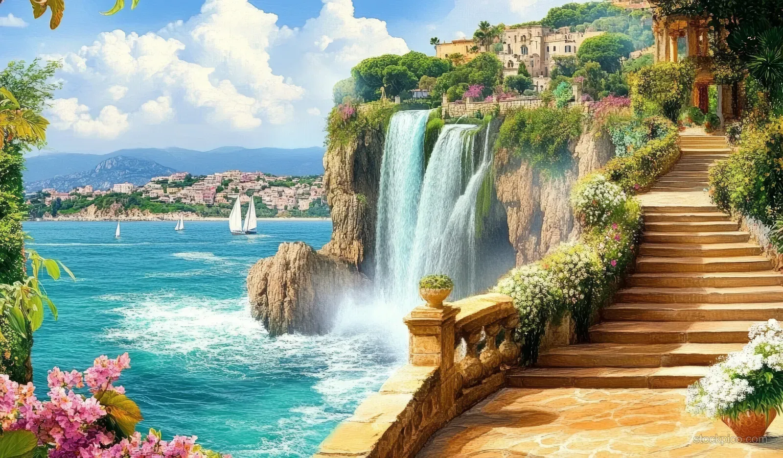 A Mediterranean cliffside garden with stone steps and flowers beside a waterfall spilling into a turquoise sea.