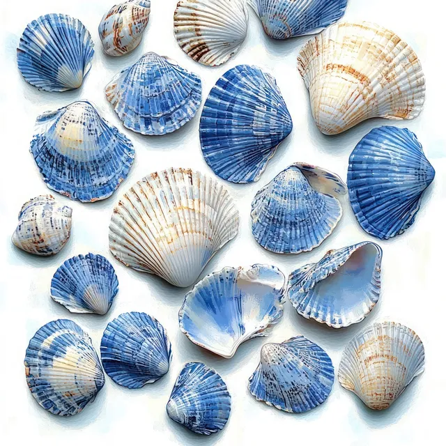 Blue and white seashells of different sizes arranged on a white surface with visible ridged textures.