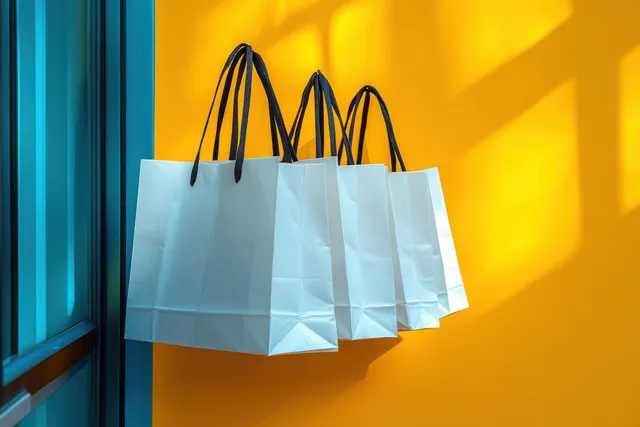 Four white paper shopping bags with black handles hang beside a blue window frame on a bright yellow wall with shadows.