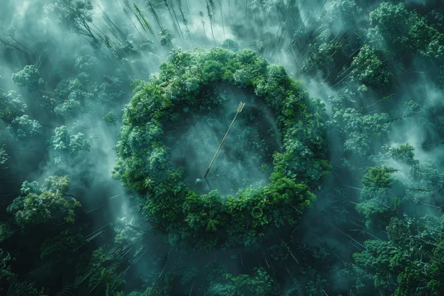 A glowing target graphic rests over a dense green forest in misty light.