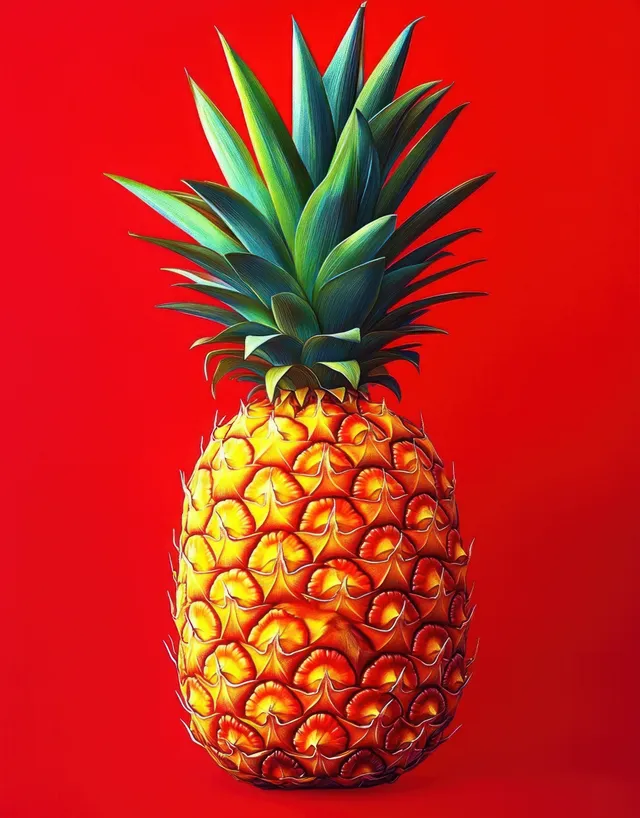 Close-up ripe pineapple with green crown leaves on vivid red backdrop