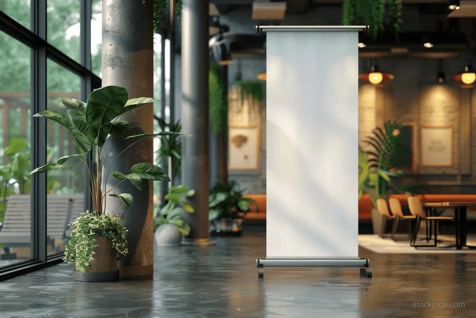 Blank roll-up banner stand in a modern office lobby, with potted plants and cafe seating in the background.