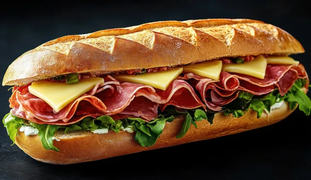 Close-up of a crusty baguette sub sandwich with layered deli meat, triangular cheese, leafy greens, and creamy spread on black.