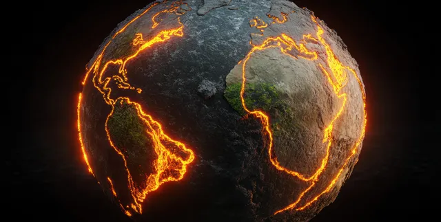 3D Earth sphere with glowing lava fissures tracing continents on a dark background.