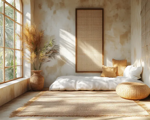 Scandinavian bedroom corner with a wooden window, sunlit bed, beige rug, and an empty framed wall print.