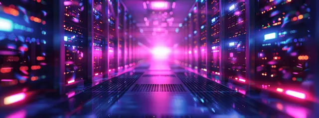 Futuristic server racks lining a data hall with glowing fiber lights and cooling vents