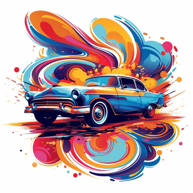 Retro psychedelic car illustration with neon swirls, splashes, and dynamic vector motion