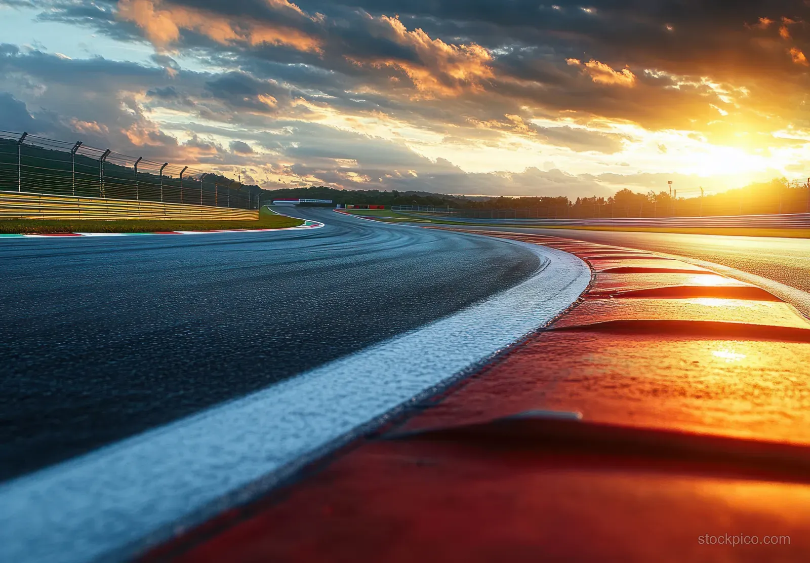 Winding racetrack at sunrise with glowing sun flare, lane markings, and long shadows across the asphalt.