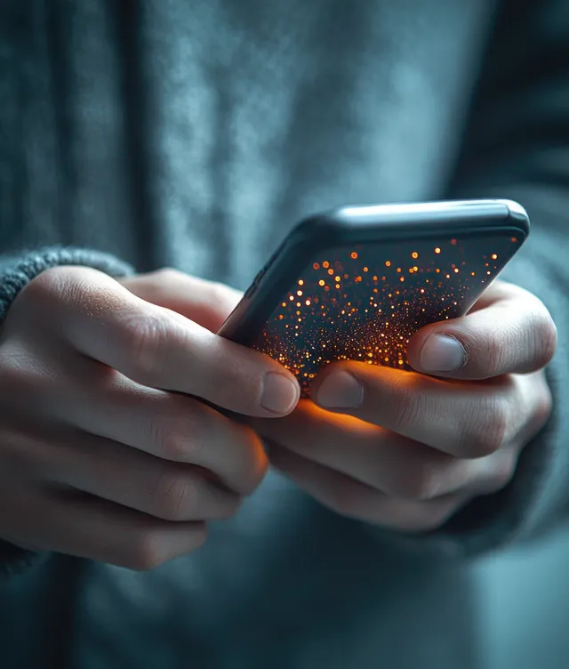 Hands holding a smartphone with a glowing orange screen reflection across the fingertips in dim light.