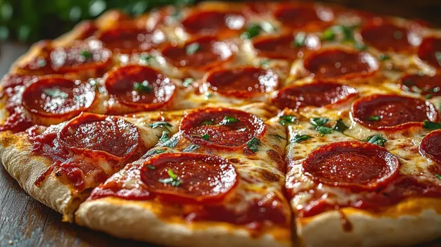 Pepperoni pizza on a wooden board with bubbling melted cheese, glossy sauce, and green herbs.