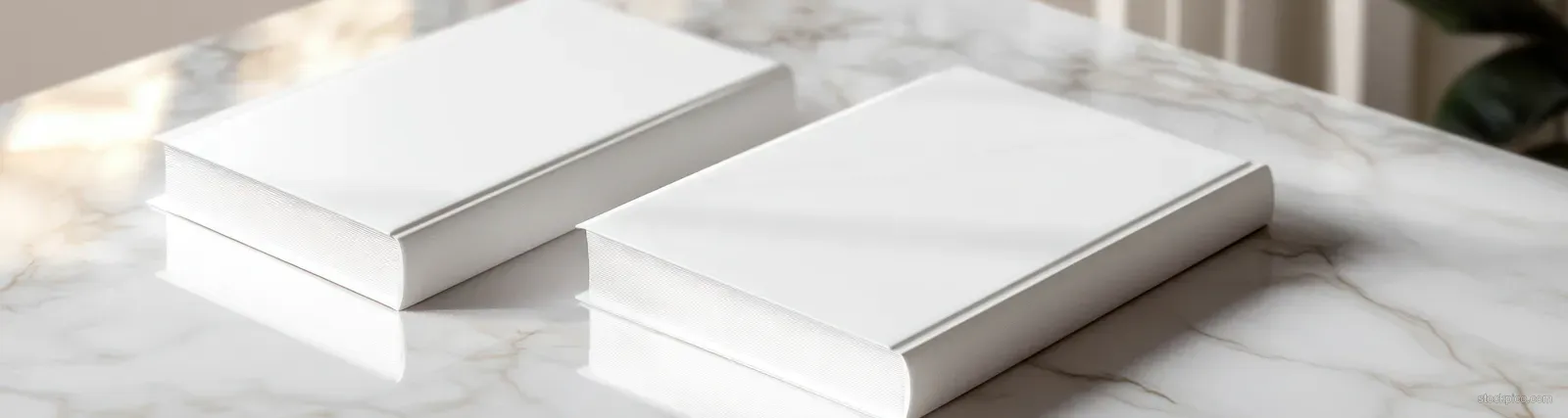 Minimalist hardcover books stacked on smooth marble with soft natural lighting and gentle shadows.
