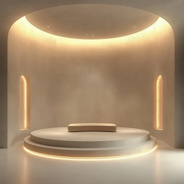 Circular minimalist lounge with warm glowing niches and a raised platform holding a single folded cushion.