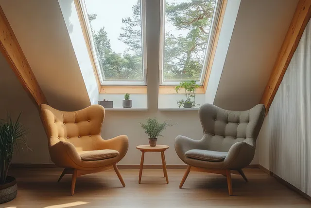 Cozy attic lounge with two armchairs facing each other under skylight windows and treetop view