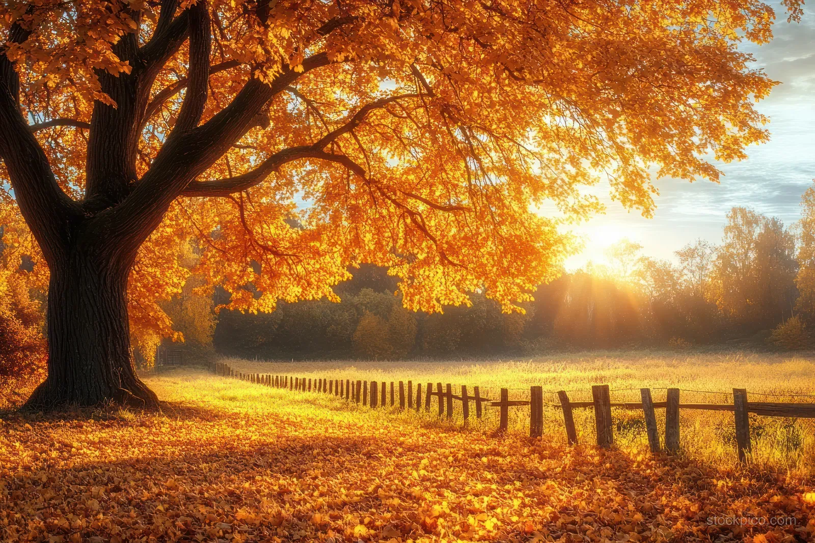 Golden autumn tree with orange leaves beside a wooden fence in a sunset countryside meadow.