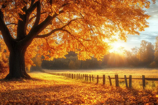 Golden autumn tree over grassy meadow with fence, sunset glow, long shadows