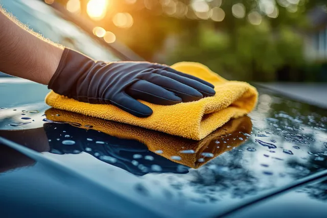 A gloved hand buffs a black car hood with a yellow microfiber cloth under sunlight, with water droplets on the paint.