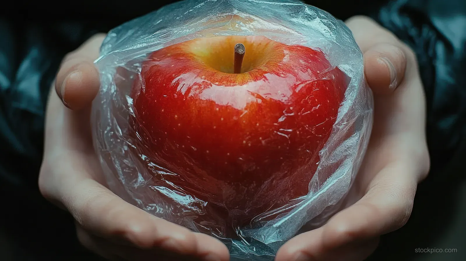 Two hands gently hold a shiny red apple wrapped in clear plastic film.
