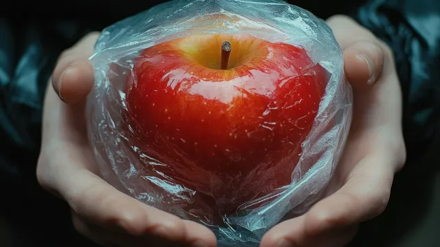 Two hands gently hold a shiny red apple wrapped in clear plastic film.