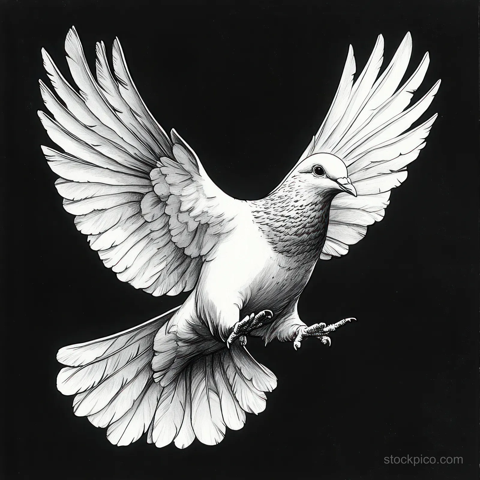 Black and white dove illustration with wings spread in mid-flight against a dark chiaroscuro background.