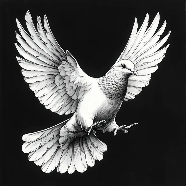 Black and white dove illustration with wings spread in mid-flight against a dark chiaroscuro background.