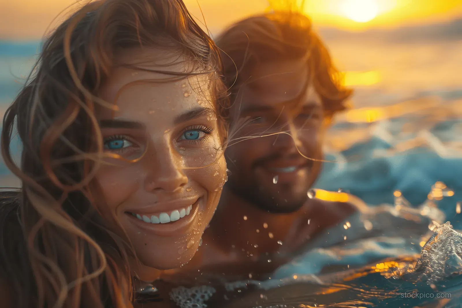 A smiling couple surfs and splashes water across ocean waves during sunset light.