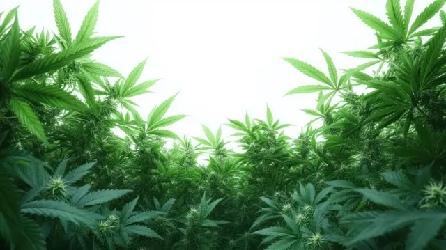 Dense cannabis plants with pointed leaves under bright open sky